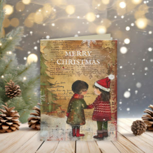 Vintage Kerstboom Kinderen Winter Sneeuw Feestdagen Kaart