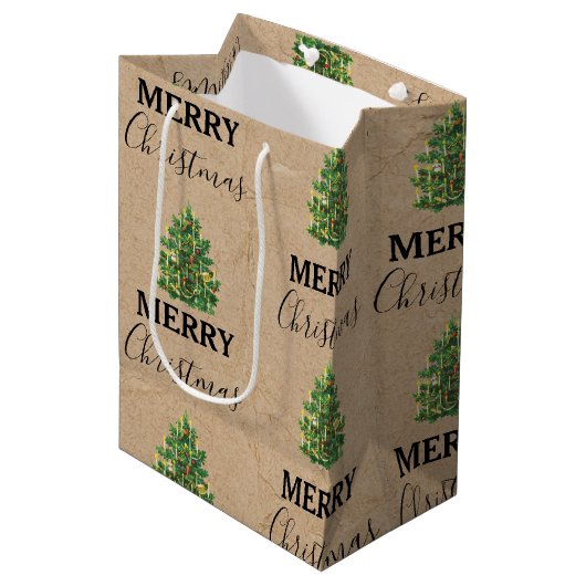 Vintage kerstboom Kraft Festive Xmas Medium Cadeauzakje (Voorkant Gekanteld)