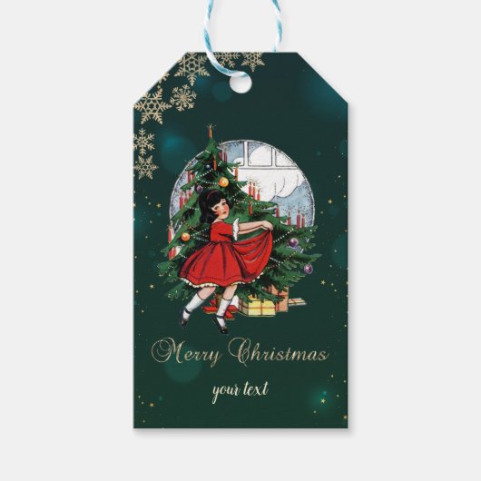 Vintage-kerstboom, Little Girl Snowflakes Cadeaulabel (Voorkant)