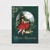 Vintage-kerstboom, Little Girl Snowflakes Feestdagen Kaart (Voorkant)