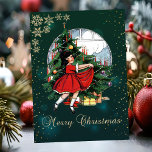 Vintage-kerstboom, Little Girl Snowflakes Feestdagen Kaart<br><div class="desc">Vintage kerstboom,  klein meisje en sneeuwvlokken op de groene achtergrond maken dit tot een perfecte kerstkaart of feestelijke wenskaart voor vrienden en familie.</div>
