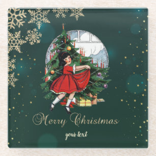 Vintage-kerstboom, Little Girl Snowflakes Glazen Onderzetter