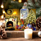 Vintage kerstboom Livingroom Scene Feestdagen Kaart