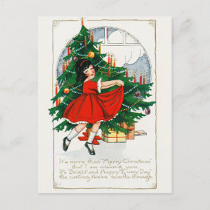 Vintage kerstboom, meisje- en cadeauvakantie feestdagenkaart