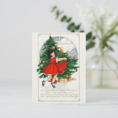 Vintage kerstboom, meisje- en cadeauvakantie feestdagenkaart (Staand voorkant)