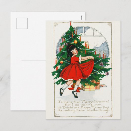 Vintage kerstboom, meisje- en cadeauvakantie feestdagenkaart (Voorkant / Achterkant)