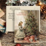 Vintage kerstboom meisje geschenken feestdagenkaart<br><div class="desc">Kerstgroet briefkaart met een schilderij van een meisje versieren een kerstboom met ingepakte geschenken eronder. Tekst zegt, "Vrolijk kerstfeest" maar is aanpasbaar voor uw eigen begroeting. Gepersonaliseerd op de achterkant met uw bericht, samen met jouw naam en retour adres. Neem contact met mij op voor hulp bij uw maatwerk of...</div>