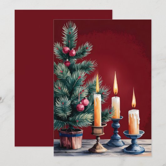 Vintage kerstboom met artistieke kaarsen feestdagenkaart (Voorkant / Achterkant)