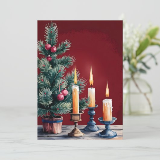 Vintage kerstboom met artistieke kaarsen feestdagenkaart (Staand voorkant)