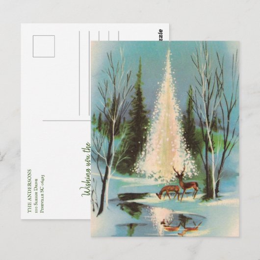 Vintage-kerstboom met deer briefkaart (Voorkant / Achterkant)