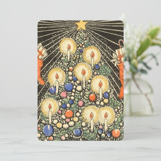 Vintage Kerstboom met kaarsen Uitnodiging (Staand voorkant)