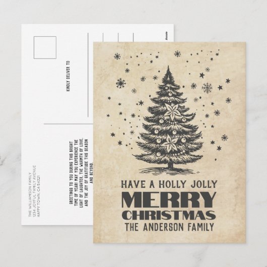 Vintage Kerstboom met Sneeuwvlokken Kerstmis Feestdagenkaart (Voorkant / Achterkant)