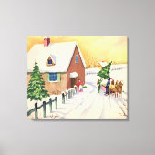 Vintage kerstboom op een sneeuwwinterweg canvas afdruk (Voorkant)
