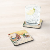 Vintage kerstboom op een sneeuwwinterweg drankjes onderzetter (Rechterzijde)