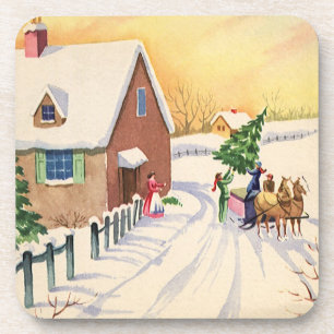 Vintage kerstboom op een sneeuwwinterweg drankjes onderzetter