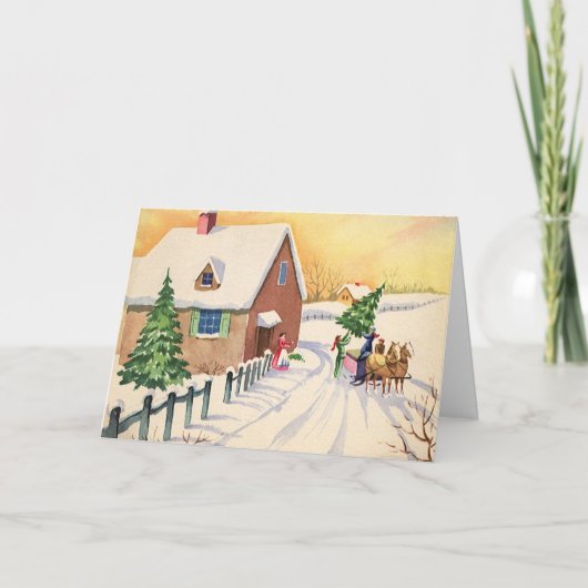 Vintage kerstboom op een sneeuwwinterweg feestdagen kaart (Voorkant)