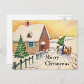 Vintage kerstboom op een sneeuwwinterweg feestdagenkaart (Voorkant / Achterkant)