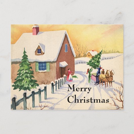 Vintage kerstboom op een sneeuwwinterweg feestdagenkaart (Voorkant)