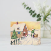 Vintage kerstboom op een sneeuwwinterweg feestdagenkaart (Staand voorkant)