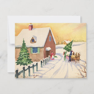 Vintage kerstboom op een sneeuwwinterweg feestdagenkaart