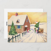 Vintage kerstboom op een sneeuwwinterweg feestdagenkaart (Voorkant / Achterkant)