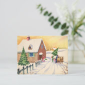 Vintage kerstboom op een sneeuwwinterweg feestdagenkaart (Staand voorkant)