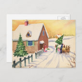 Vintage kerstboom op een sneeuwwinterweg feestdagenkaart (Voorkant / Achterkant)