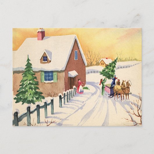 Vintage kerstboom op een sneeuwwinterweg feestdagenkaart (Voorkant)