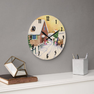 Vintage kerstboom op een sneeuwwinterweg grote klok