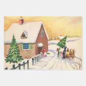 Vintage kerstboom op een sneeuwwinterweg inpakpapier vel (Voorkant 3)