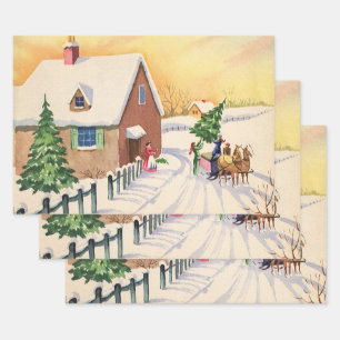 Vintage kerstboom op een sneeuwwinterweg inpakpapier vel