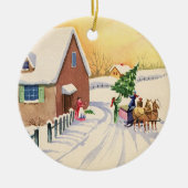 Vintage kerstboom op een sneeuwwinterweg keramisch ornament (Voorkant)