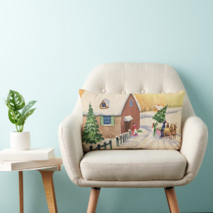 Vintage kerstboom op een sneeuwwinterweg kussen