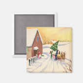 Vintage kerstboom op een sneeuwwinterweg magneet (Voorkant / Achterkant)