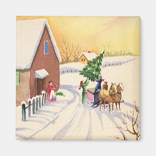 Vintage kerstboom op een sneeuwwinterweg magneet (Voorkant)