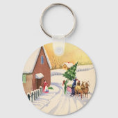 Vintage kerstboom op een sneeuwwinterweg sleutelhanger (Voorkant)