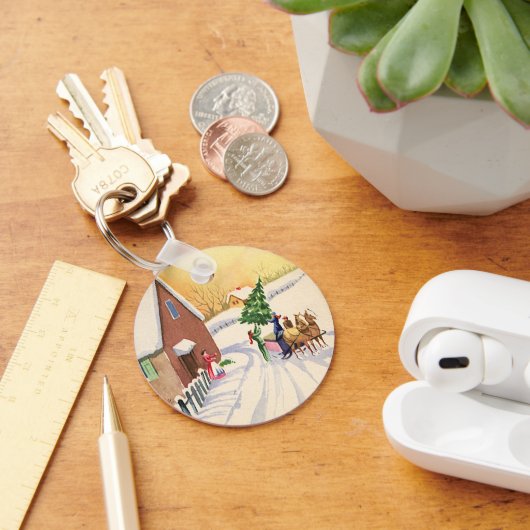 Vintage kerstboom op een sneeuwwinterweg sleutelhanger (Bureau)