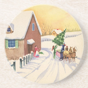 Vintage kerstboom op een sneeuwwinterweg zandsteen onderzetter