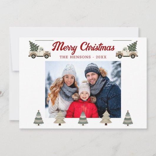 Vintage kerstboom op vrachtwagen Familiefoto Feestdagenkaart (Voorkant)