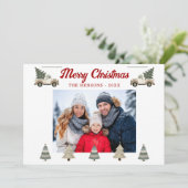 Vintage kerstboom op vrachtwagen Familiefoto Feestdagenkaart (Staand voorkant)