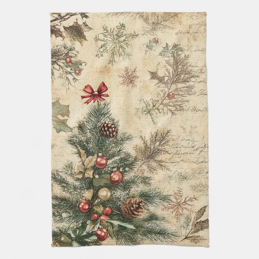 Vintage Kerstboom & Ornament (3) Theedoek (Verticaal)