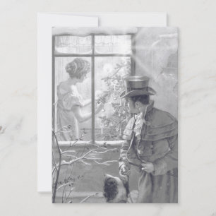 Vintage Kerstboom paar hond venster schets Feestdagenkaart