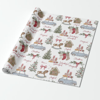 Vintage kerstboom, peperkoek en auto cadeaupapier