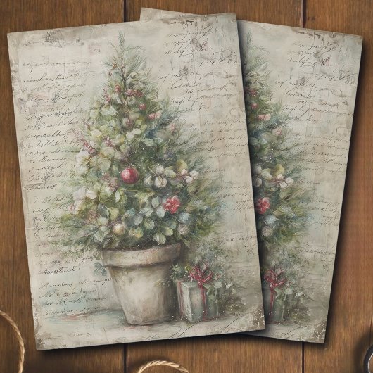 Vintage Kerstboom Pot Ephemera Decoupage Tissuepapier