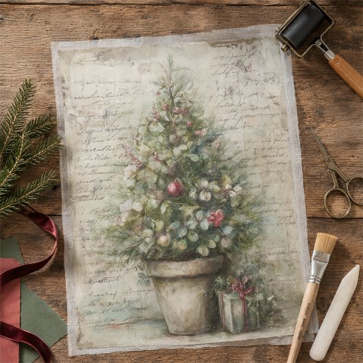 Vintage Kerstboom Pot Ephemera Decoupage Tissuepapier