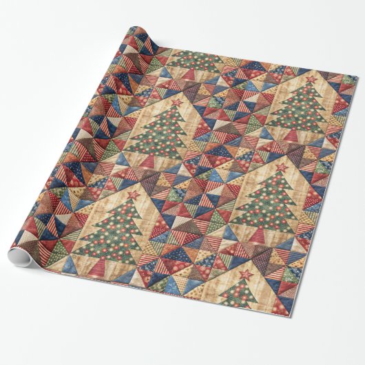 Vintage kerstboom quilt patroon cadeaupapier (Uitgerold)
