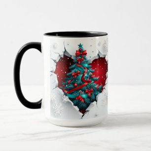 Vintage kerstboom, rood/Blauwgroen - zwart handvat Mok