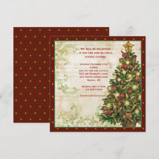 Vintage kerstboom, zwenpartij Uitnodiging (Voorkant / Achterkant)