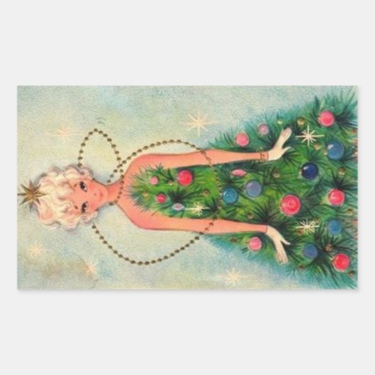 Vintage kerstboommeisje rechthoekige sticker (Voorkant)