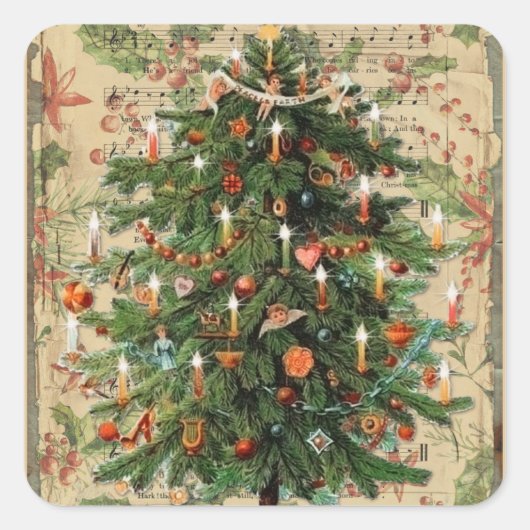 Vintage-kerstboommuziek Vierkante Sticker (Voorkant)
